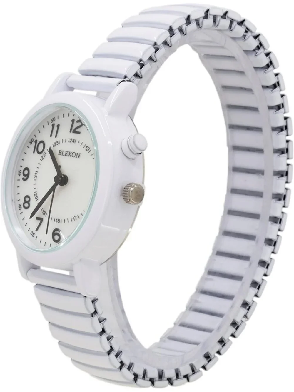 Women's White Analog Display Push Button Glossy Expansion Band Wrist Watch
